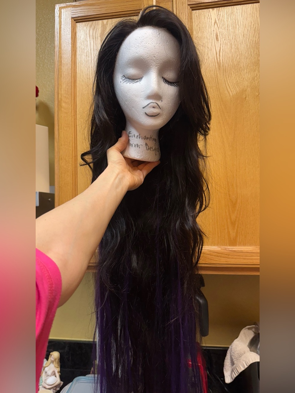 40” Human Hair Dark Brown-Purple Ombre Extra Long Human Hair Wavy Wig